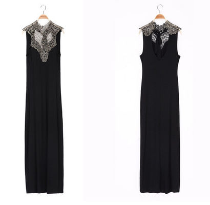 Largo del tobillo para mujer atractivo sin mangas de los vestidos de cóctel del cuello del volante del cordón